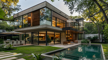A modern house with two floors, glass windows and doors, concrete walls, wooden accents, surrounded...