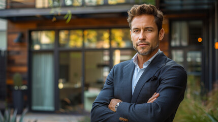 Fototapeta premium Portrait of successful male in business suit, arms crossed, confident expression. Modern office building in background. Room for copy space. 