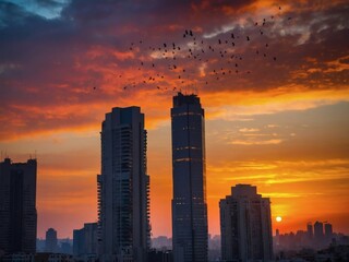 Metropolitan Sunset, Sky Ablaze with Colors as Daylight Fades