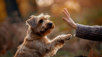 Hund und mensch geben sich high 5