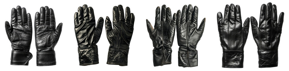 Black leather gloves, png set, transparent background