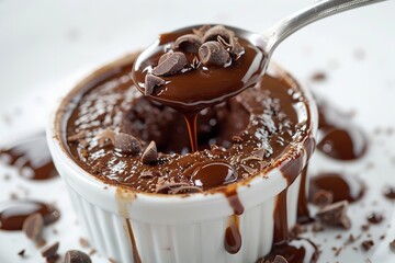 A in-depth view of a spoon skimming through a supple chocolate pudding with a dollop of cocoa powder over a white setting and space, Generative AI.