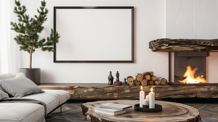 stockphoto, Rustic coffee table and near fireplace. Loft, minimalist home interior design of modern living room, black frame mockup. Beautiful design of a modern living room. Living space mockup.