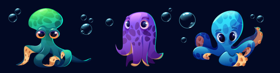 Cute childish octopus cartoon character swimming underwater with bubbles. Cartoon vector illustration set of marine or aquarium adorable friendly animal with tentacles. Funny aquatic creature.