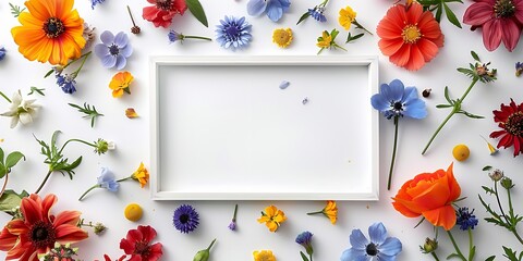 A notion of a fragrant flowers frame with a white setting and various types of vivid summer blooms encompassing it and space, Generative AI.