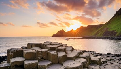 Dramatic sunset at the Giant's Causeway in Northern Ireland, UK
