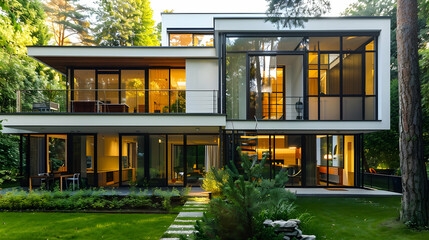 A modern two-story house with large windows and glass doors, surrounded by greenery