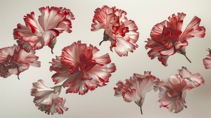 Abstract representation of a carnation segmented into parts, each piece floating freely, using negative space to creatively explore its intricate textures