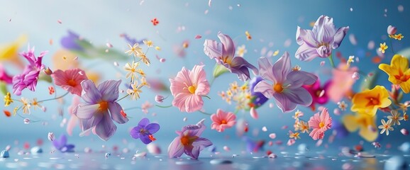 Let Your Spirits Soar With Vibrant Spring Flowers Levitating On A Pastel Blue Background, Background HD For Designer 