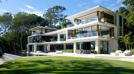 A modern white two-story mansion with large windows, lawn and trees in the background, located on an island beach of Australia