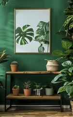 Vibrant green wall with an empty frame, framed in the style of potted plants and terrariums on wooden shelves, in the background is a simple poster of monstera leaf