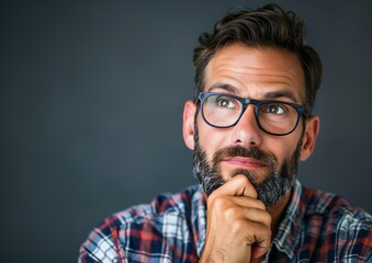 Fototapeta premium Pensive Mature Man in Glasses with Hand on Chin Over Grey Background