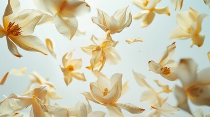 Surreal poster of vanilla flowers exploding into individual petals, each fragment suspended in an empty void to evoke feelings of delicacy and rarity