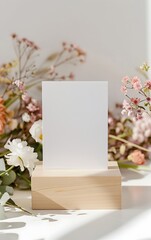 white blank wedding table number mockup, square shape on wooden block stand