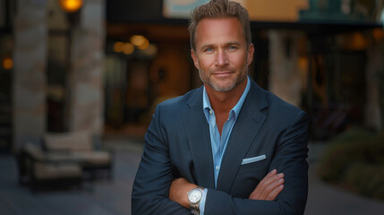 Obraz premium Portrait of successful male in business suit, arms crossed, confident expression. Modern office building in background. Room for copy space. 