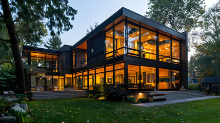 A modernist house with black metal cladding and glass windows at dusk, illuminated by warm interior...