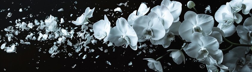 Surreal poster of orchid blooms exploding into individual petals, each fragment suspended in an empty void to evoke feelings of mystery and allure