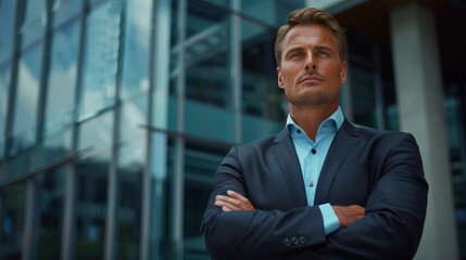Fototapeta premium Portrait of successful male in business suit, arms crossed, confident expression. Modern office building in background. Room for copy space. 