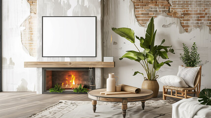 stockphoto, Rustic coffee table and near fireplace. Loft, minimalist home interior design of modern living room, black frame mockup. Beautiful design of a modern living room. Living space mockup.