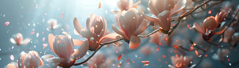 Surreal poster of magnolia flowers exploding into individual petals, each fragment suspended in an empty void to evoke feelings of renewal and hope