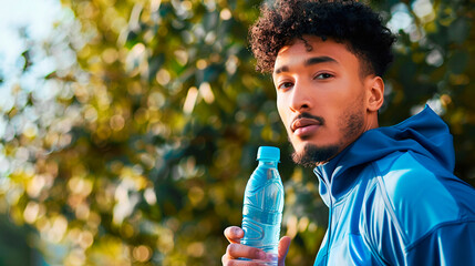 Fototapeta premium Portrait style photo, man with a bottle of water, sportswear