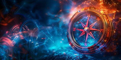 Navigating the digital world: A compass against a blue background representing modern technology and data transfer. Concept Technology, Data Transfer, Digital World, Compass, Blue Background