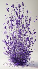 Surreal poster of lavender exploding into individual flowers, each fragment suspended in an empty void to evoke feelings of relaxation and peace