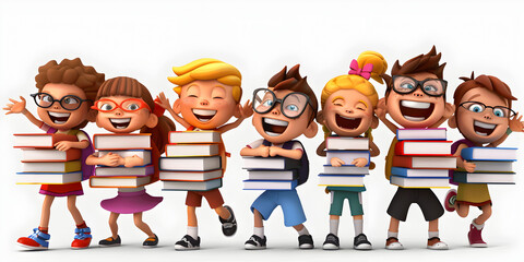 
Cartoon Kids Character Reading A Book In Sitting  Pose. Boys and girls peeping out, sitting, waving hand, jumping around piles of books. 