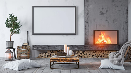 stockphoto, Rustic coffee table and near fireplace. Loft, minimalist home interior design of modern living room, black frame mockup. Beautiful design of a modern living room. Living space mockup.