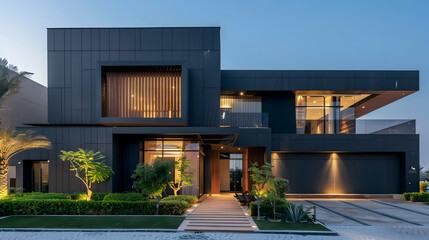 A sleek and modern contemporary villa in Saudi Arabia with black walls, adorned with wooden...