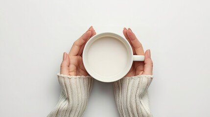 A top view of female hand holding empty cup over plain white backdrop for a mockup or product advertisement backdrop with a big space, Generative AI.