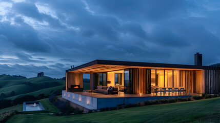 Fototapeta na wymiar A sleek, modern house with wooden slats and large glass windows stands against the backdrop of rolling green hills under a dark sky at night