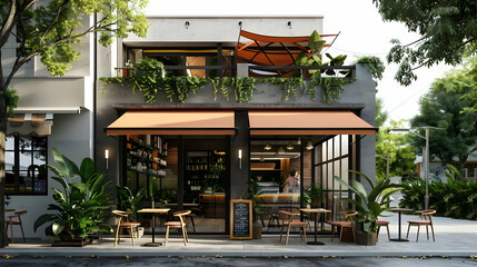 A small modern coffee shop in the garden of an old house, two floors with terrace and awning