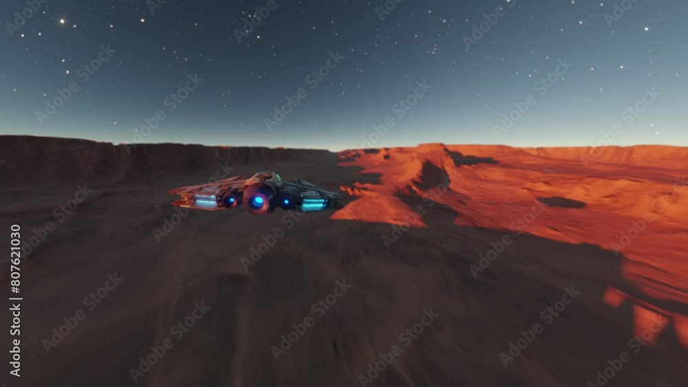 Poster spaceship travelling above the surface of mars