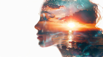 Double exposure of beautiful woman face and sunset over sea. Double exposure.
