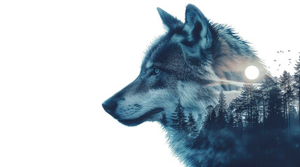 Double exposure of wolf and forest.
