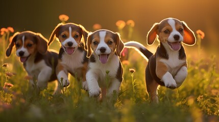 group of Beagle puppies frolicking in a field of wildflowers, 