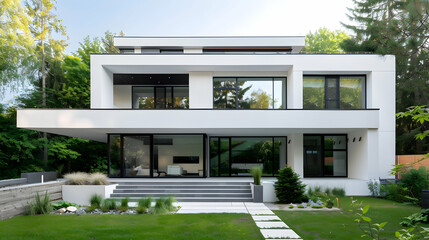 A white modern house with black accents, minimalist design, exterior view from the front, green...