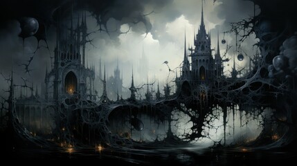 Abstract surreal gothic black castle hanging between heaven and earth, sharp lines and twilight.