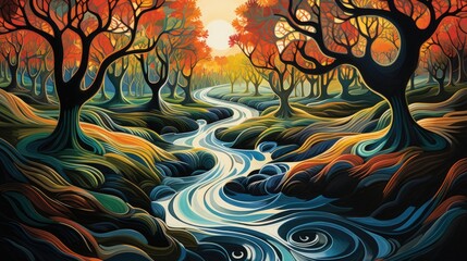 Abstract flowing background resembling a river winding through a lush forest