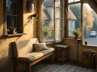 living room with a window. 3D rendering