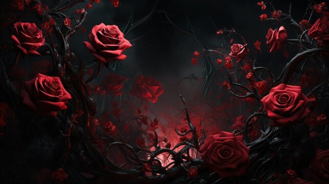 Beautiful bloody red roses with black foliage and sharp thorns on black background.