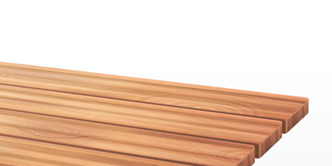 Wooden kitchen table corner perspective background. 3d wood desk surface angle with realistic texture for product presentation or dining. Brown rustic oak counter design template for cafe with space
