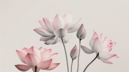 Photorealistic poster showcasing lotus flowers in midair, vividly detailed against significant negative space to focus on their delicate textures