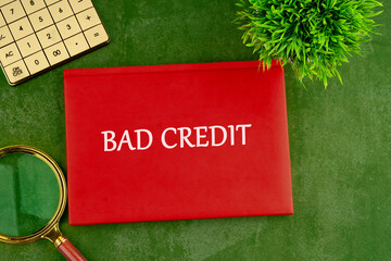 Bad Credit written on the cover of a business notebook on a beautiful green background with a...