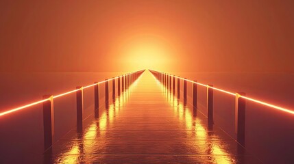 Obraz premium A wooden dock lit by red neon lights at sunset