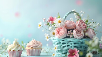 A beautiful Easter basket filled with pink roses, white daisies, and other flowers