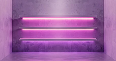 Pink shelves on a pink background. The shelves are lit by a pink light.