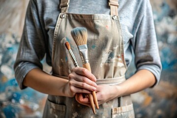 Close-up. The concept of creative activity. An artist in a workshop with oil paints and a painting brush in his hands. Art, creativity and recreation.