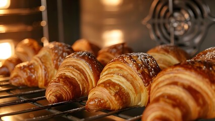 Baker preparing golden croissants in closeup oven macro shot. Concept Food Photography, Baking Process, Golden Croissants, Oven Closeup, Macro Shot